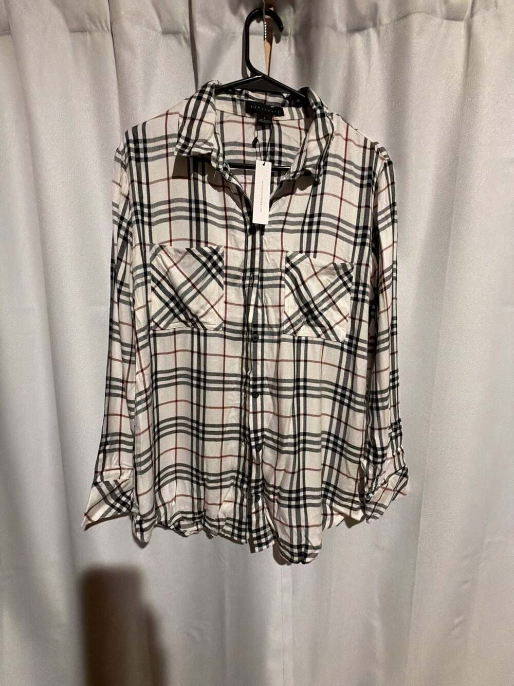 Sanctuary Black White Burgundy Plaid Button Front Shirt
